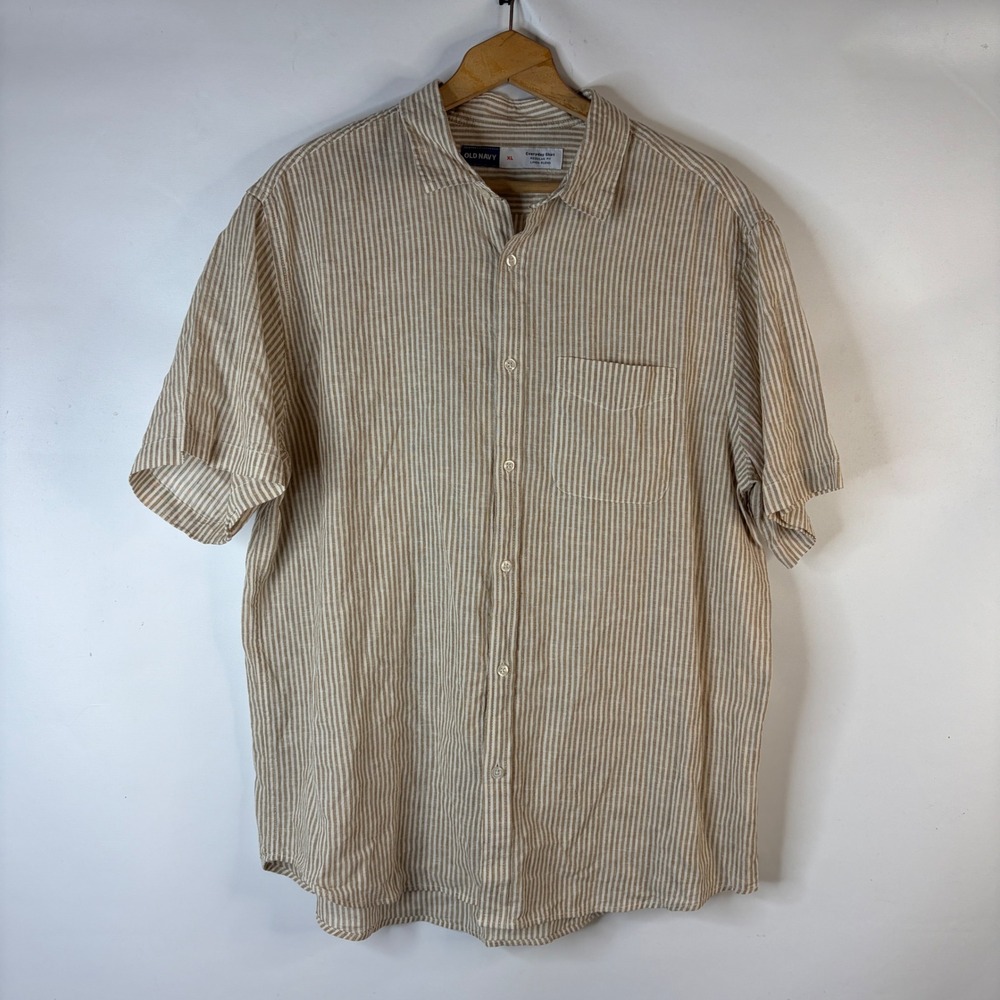 Old Navy Button Down Shirt Mens XL Tan Striped Linen Blend Short Sleeve Regular